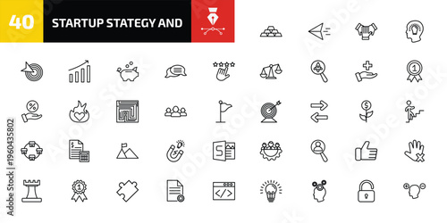 startup stategy and outline icon set. 40 linear vector for ui, web and mobile. thin line gold ingots, paper plane, cooperation and more icons.