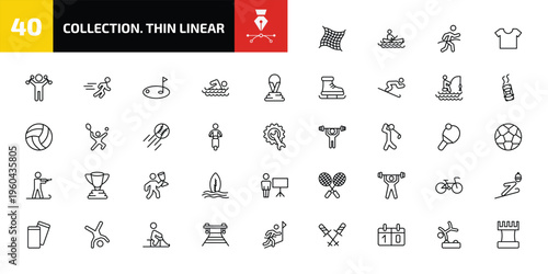collection. thin linear outline icon set. 40 linear vector for ui, web and mobile. thin line fishing net, man in canoe, marathon champion and more icons.