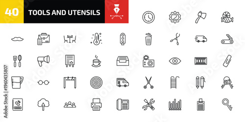 tools and utensils outline icon set. 40 linear vector for ui, web and mobile. thin line circular clock, second, hand axe and more icons.