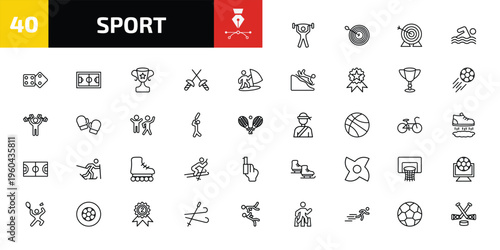 sport outline icon set. 40 linear vector for ui, web and mobile. thin line exercise gym, dartboard with dart, archery and more icons.