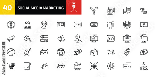 social media marketing outline icon set. 40 linear vector for ui, web and mobile. thin line transgender, photos, chat box and more icons.