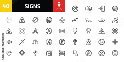 signs outline icon set. 40 linear vector for ui, web and mobile. thin line no packing, instruction, exit right arrow and more icons.