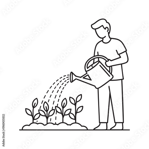 A man is watering plants with a watering can