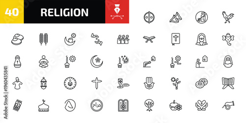 religion outline icon set. 40 linear vector for ui, web and mobile. thin line animism, hamantaschen, forbidden foods and more icons.