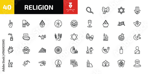 religion outline icon set. 40 linear vector for ui, web and mobile. thin line muslim tasbih, elephant, jewish and more icons.