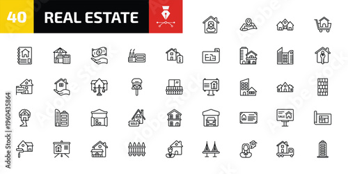 real estate outline icon set. 40 linear vector for ui, web and mobile. thin line tenant, map location, houses and more icons.