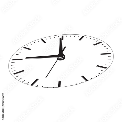 A clock with black hands and hour markers on white