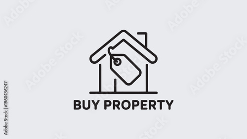 A simple black line drawing of a house with a price tag and the words 'BUY PROPERTY' underneath on a light gray background