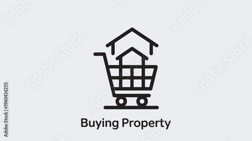 A simple black icon of a shopping cart with a house inside on a grey background with the words Buying Property underneath