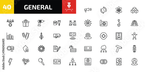 general outline icon set. 40 linear vector for ui, web and mobile. thin line advertising agency, rewind time, data science and more icons.