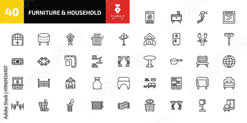 furniture & household outline icon set. 40 linear vector for ui, web and mobile. thin line dehumidifier, night stand, bidet and more icons.