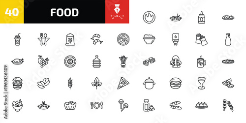 food outline icon set. 40 linear vector for ui, web and mobile. thin line calories, oyster omelette, condiment and more icons.