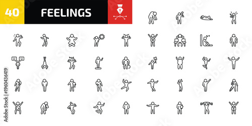 feelings outline icon set. 40 linear vector for ui, web and mobile. thin line drained human, bad human, comfortable human and more icons.