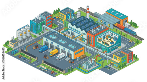 Detailed Isometric Flat Vector Illustration of a Smart Industrial Manufacturing Complex with Logistics and Energy Production