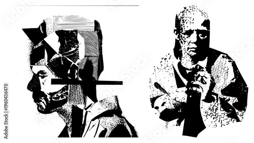 Stylized portraits with halftone textures and geometric fragmentation, graphic art, bold, vector illustration, modern expressionist portraits.