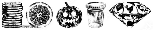 Black and white halftone illustrations of money, fruit, Halloween pumpkin, pill bottle, gemstone. Vector symbols for design, UI, or thematic use.