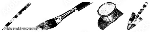 Creative tools including paintbrush, knife, drum, shovel with distressed texture, artistic supplies, grunge vector, black and white illustration.