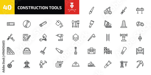construction tools outline icon set. 40 linear vector for ui, web and mobile. thin line paint brush, truck with crane, garage screwdriver and more icons.