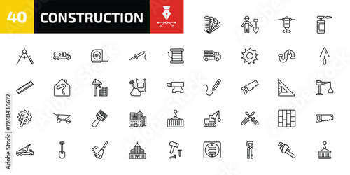 construction outline icon set. 40 linear vector for ui, web and mobile. thin line pantone, working shovel, hydraulic breaker and more icons.
