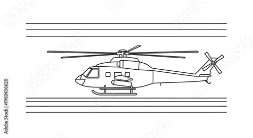 Military Helicopter with Weapons on Landing Strip - Line Art Illustration