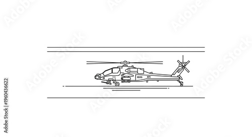 Military Helicopter Blueprint Style Drawing on White Background