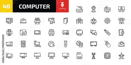 computer outline icon set. 40 linear vector for ui, web and mobile. thin line keyboard with cable, round webcam, industrial and more icons.