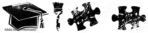 Academic cap symbolizing achievement, paintbrush for artistic expression, puzzle pieces for problem solving and completion, black and white vector.