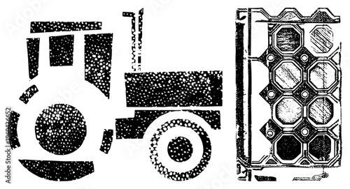 Agricultural tractor with textured halftone, engine block with hexagonal chambers, vector graphic, farm machinery, mechanical design, rustic illustration.