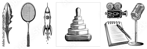 Classic retro including leaf, racket,,, film camera, and microphone, rendered in detailed black and white art, suitable for design, illustration, or use.