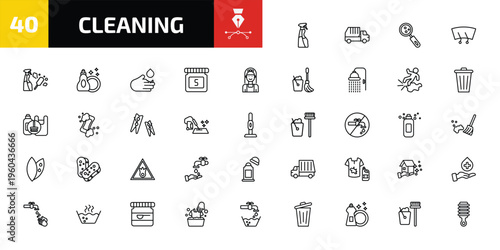 cleaning outline icon set. 40 linear vector for ui, web and mobile. thin line cleaning spray, garbage truck, hygroscopic and more icons.