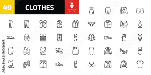 clothes outline icon set. 40 linear vector for ui, web and mobile. thin line off the shoulder dress, harem pants, sweatshirt and more icons.