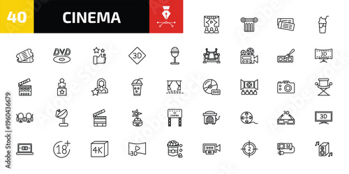 cinema outline icon set. 40 linear vector for ui, web and mobile. thin line people watching a movie, theatre pillar, tickets and more icons.