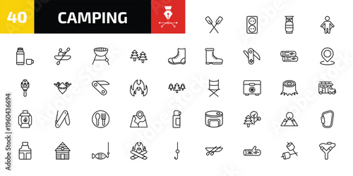 camping outline icon set. 40 linear vector for ui, web and mobile. thin line oar, outlet, cooking gas and more icons.