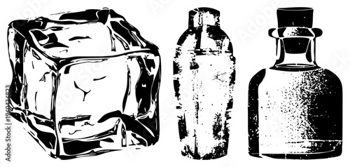 Stylized ice cube with textured highlights, vintage glass bottles with stoppers, halftone shading, graphic design elements, aesthetic.