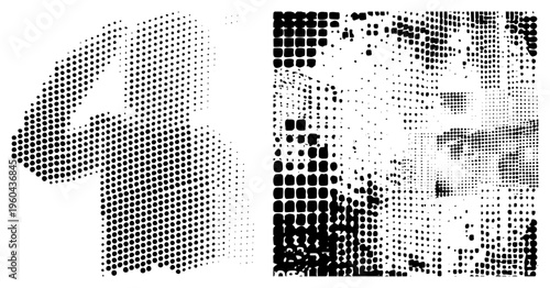 Vector graphic using halftone dots to form abstract forms, black and white, stylized geometric shapes, graphic design element, digital art texture.