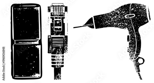 Retro styled hair dryer, ethernet connector, phone port, vector illustration, halftone texture, black and white, tech accessories, isolated design.