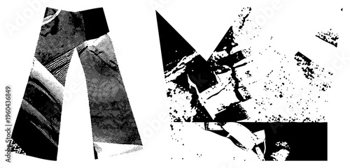 Fragmented geometric shapes rendered in halftone dot, stark black and white contrast, stylized vector composition, graphic design element, isolated art piece.