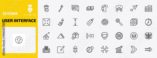 user interface outline icon set. 33 linear vector for ui, web and mobile. thin line remove, arrow with scribble, recording conversation and more icons.
