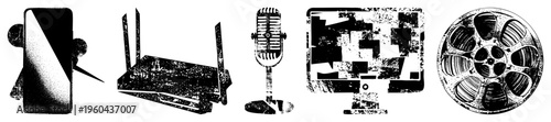 Retro tech devices rendered in gritty halftone smartphone, router, mic, monitor, film reel. Vector illustration with distressed texture,, digital nostalgia.