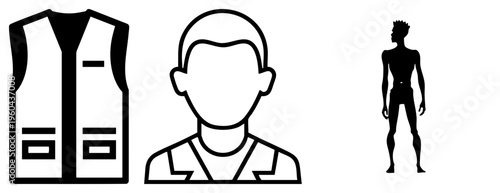 Vector of security vest, generic person avatar, and full body human silhouette, minimalist style, isolated elements for UI design, digital illustration.