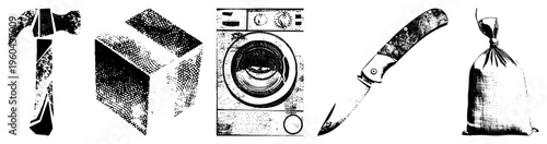 Retro halftone graphic set featuring hammer, cube, washing machine, folding knife, and sack vector with grainy texture, ideal for UI or industrial design.