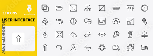 user interface outline icon set. 33 linear vector for ui, web and mobile. thin line intersect, data folder, expand button and more icons.