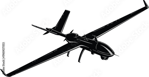 silhouette drone vector art with sleek wings and tail fins, bold military aircraft design style