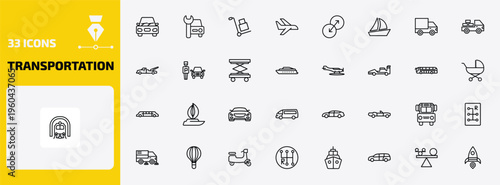 transportation outline icon set. 33 linear vector for ui, web and mobile. thin line car, car repair, carrier and more icons.