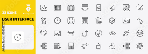 user interface outline icon set. 33 linear vector for ui, web and mobile. thin line line dot chart, mesh, book opened at center and more icons.