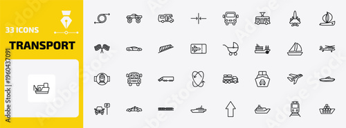 transport outline icon set. 33 linear vector for ui, web and mobile. thin line recirculation, monster truck, camper car and more icons.