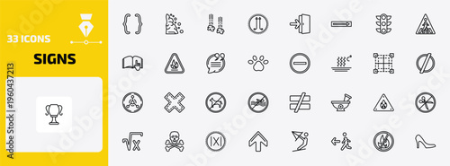 signs outline icon set. 33 linear vector for ui, web and mobile. thin line parenthesis, landslide, falling rocks and more icons.
