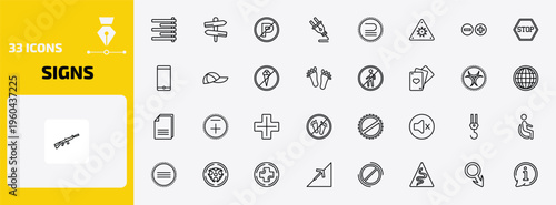signs outline icon set. 33 linear vector for ui, web and mobile. thin line align right, panels, no parking and more icons.
