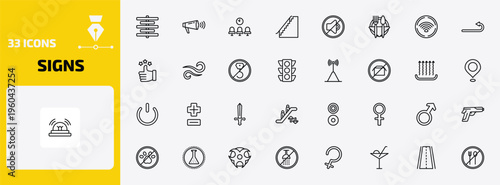 signs outline icon set. 33 linear vector for ui, web and mobile. thin line align center, shout, waiting room and more icons.
