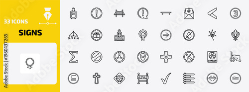 signs outline icon set. 33 linear vector for ui, web and mobile. thin line suitcase, exclamation, bridge and more icons.